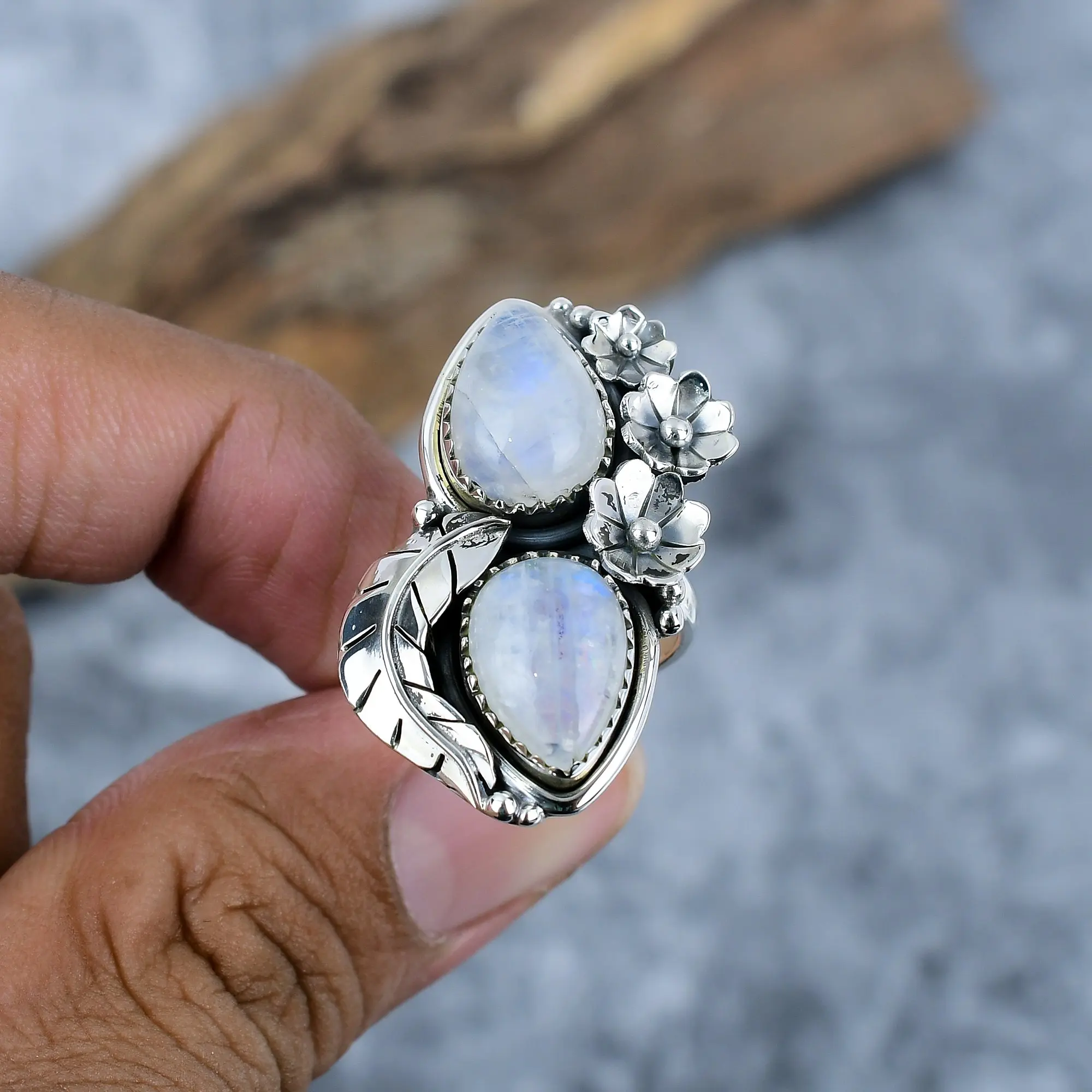 Celestial Glow: Handmade Moonstone & Sterling Silver Ring thumb