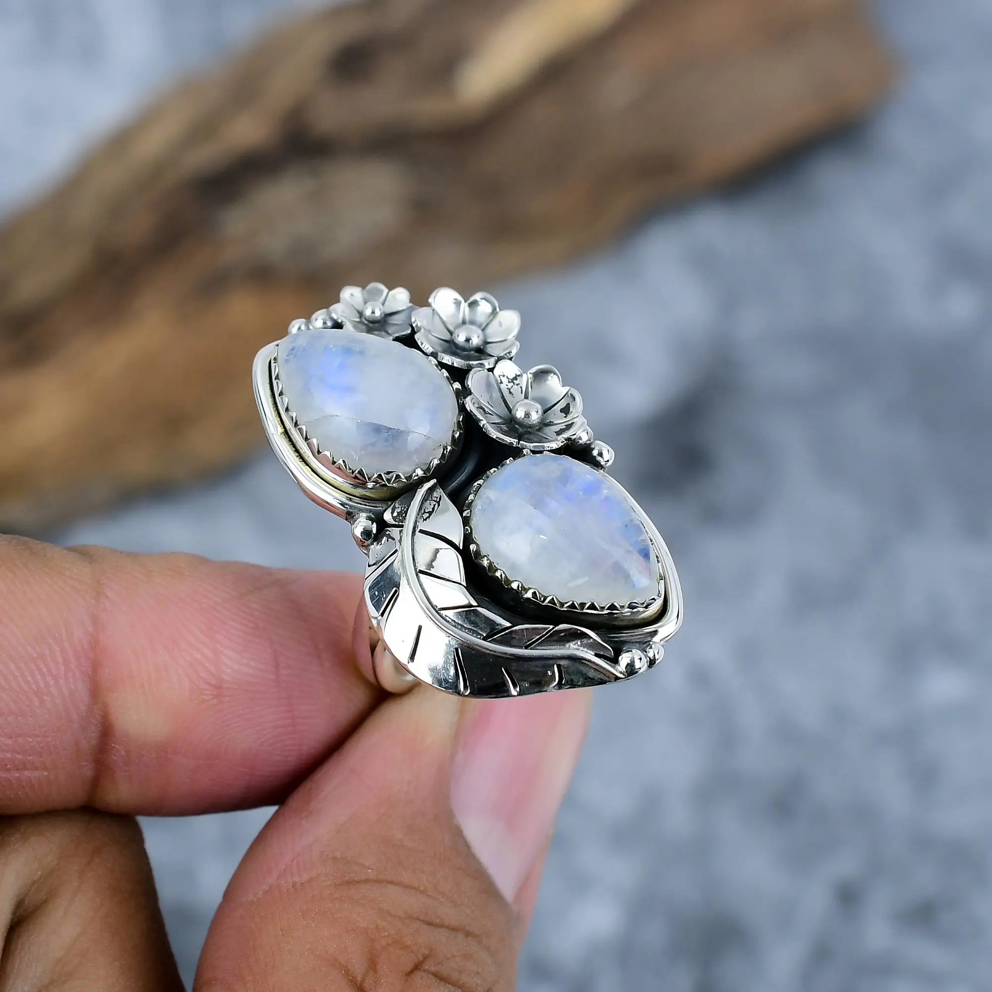 Celestial Glow: Handmade Moonstone & Sterling Silver Ring thumb